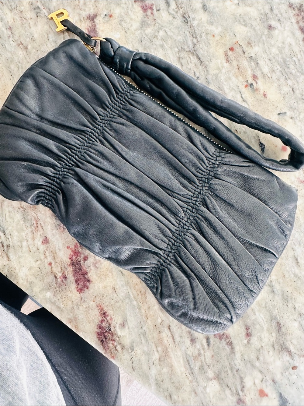 Bally Black Ruched Leather Wristlet Clutch with Gold Initial Charm